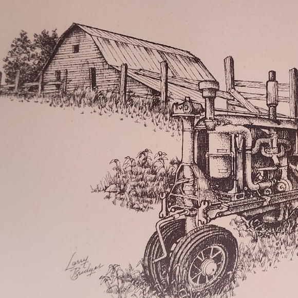 Vintage Larry Bridges Tractor and Barn Etching Matted and Framed - Picture 6 of 9